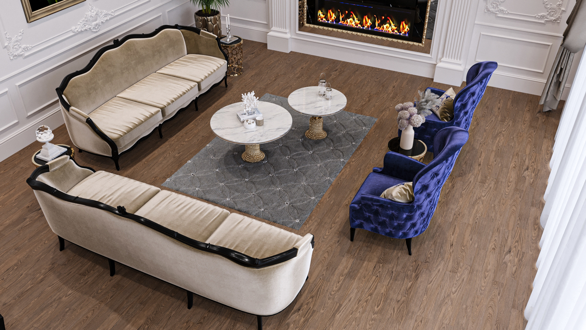 Classic living room interior visualisation with bespoke furniture and detailed wall panelling