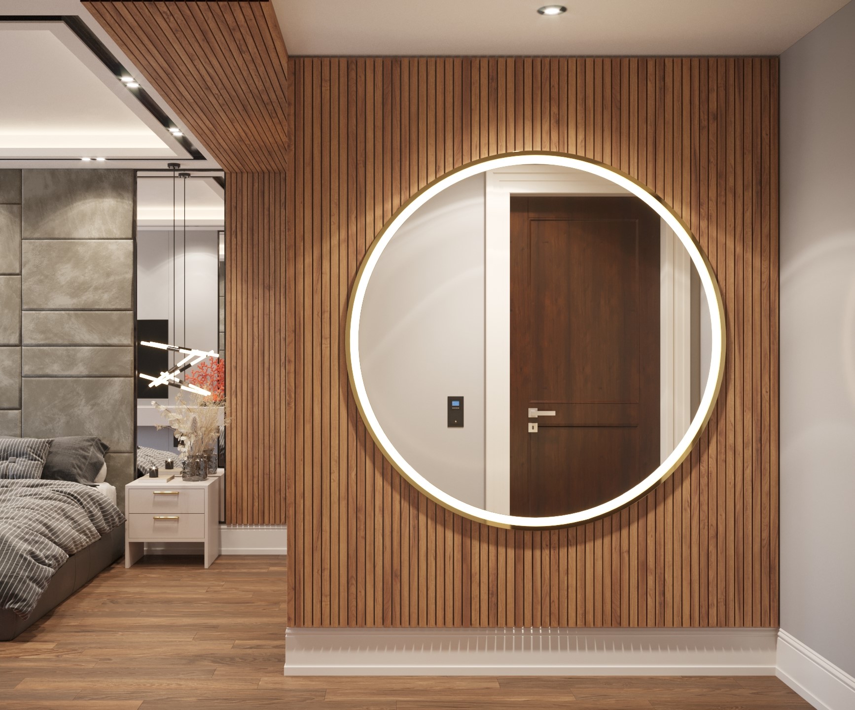 Residential suite composition showing material, lighting and joinery details